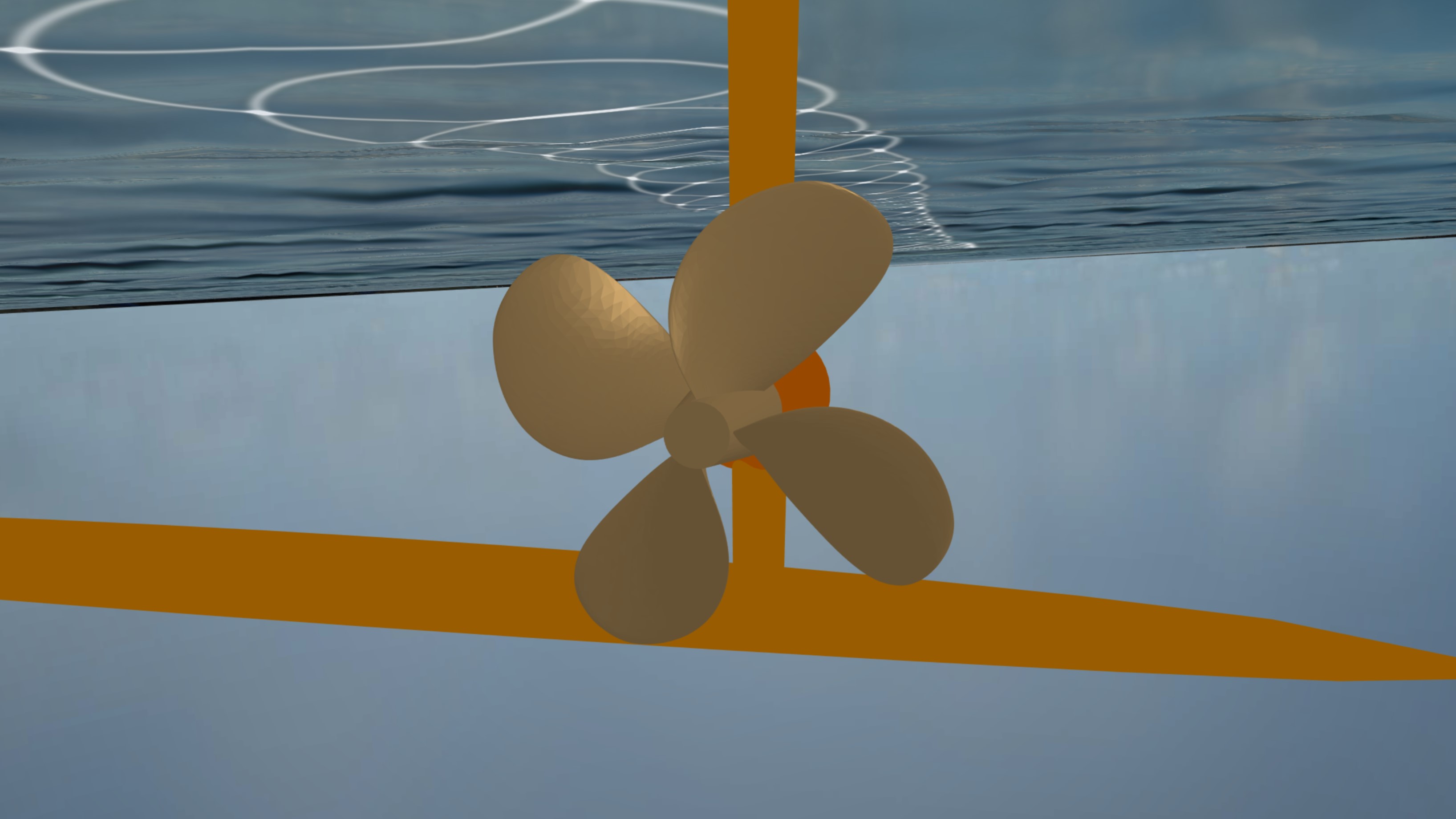 Screenshot of the Flying Fish Hydrofoil Flight Simulator, showing the propeller of a hydrofoil boat.