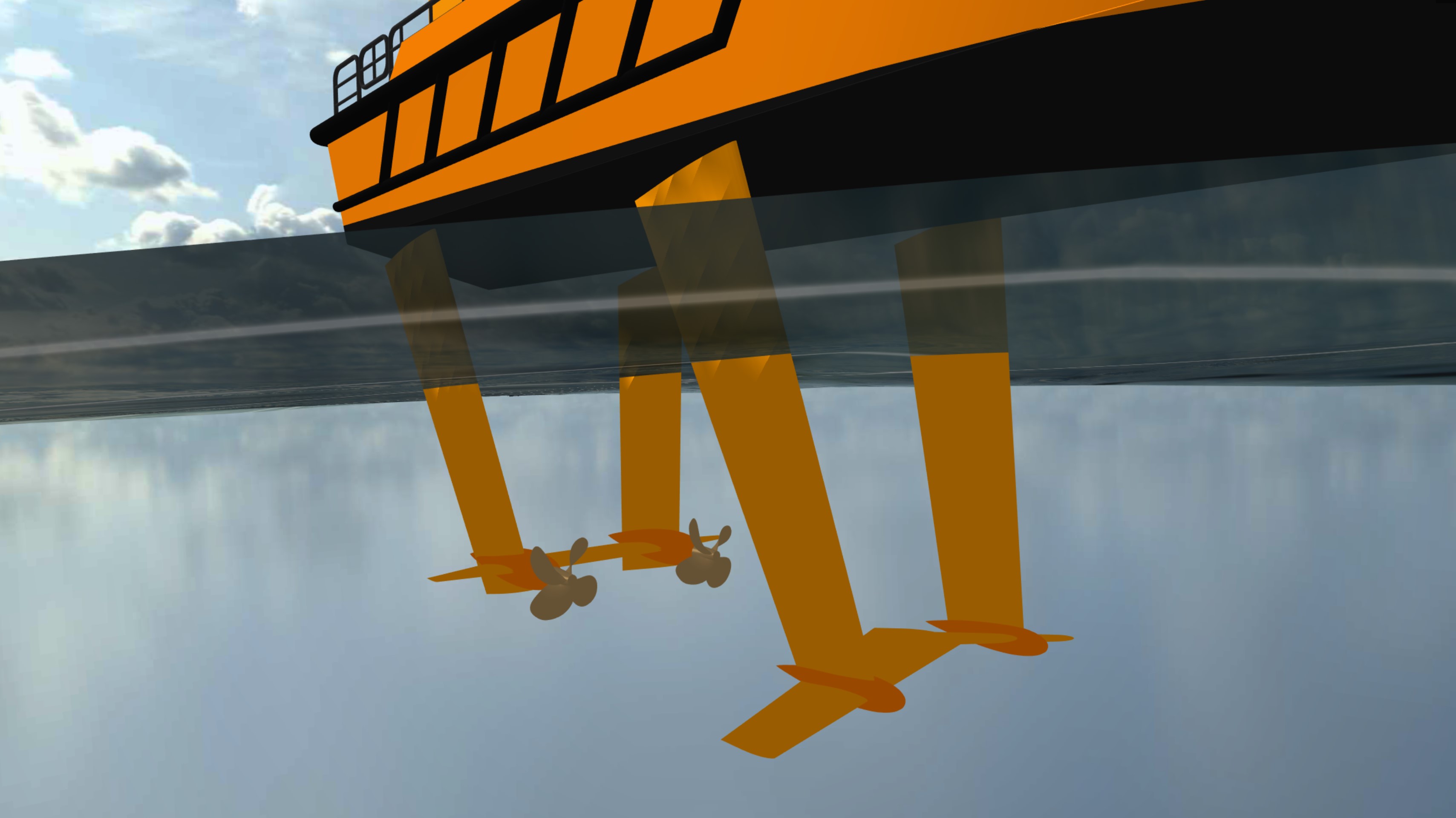 Screenshot of the Flying Fish Hydrofoil Flight Simulator, showing the foils, struts and rudders of a hydrofoil boat.