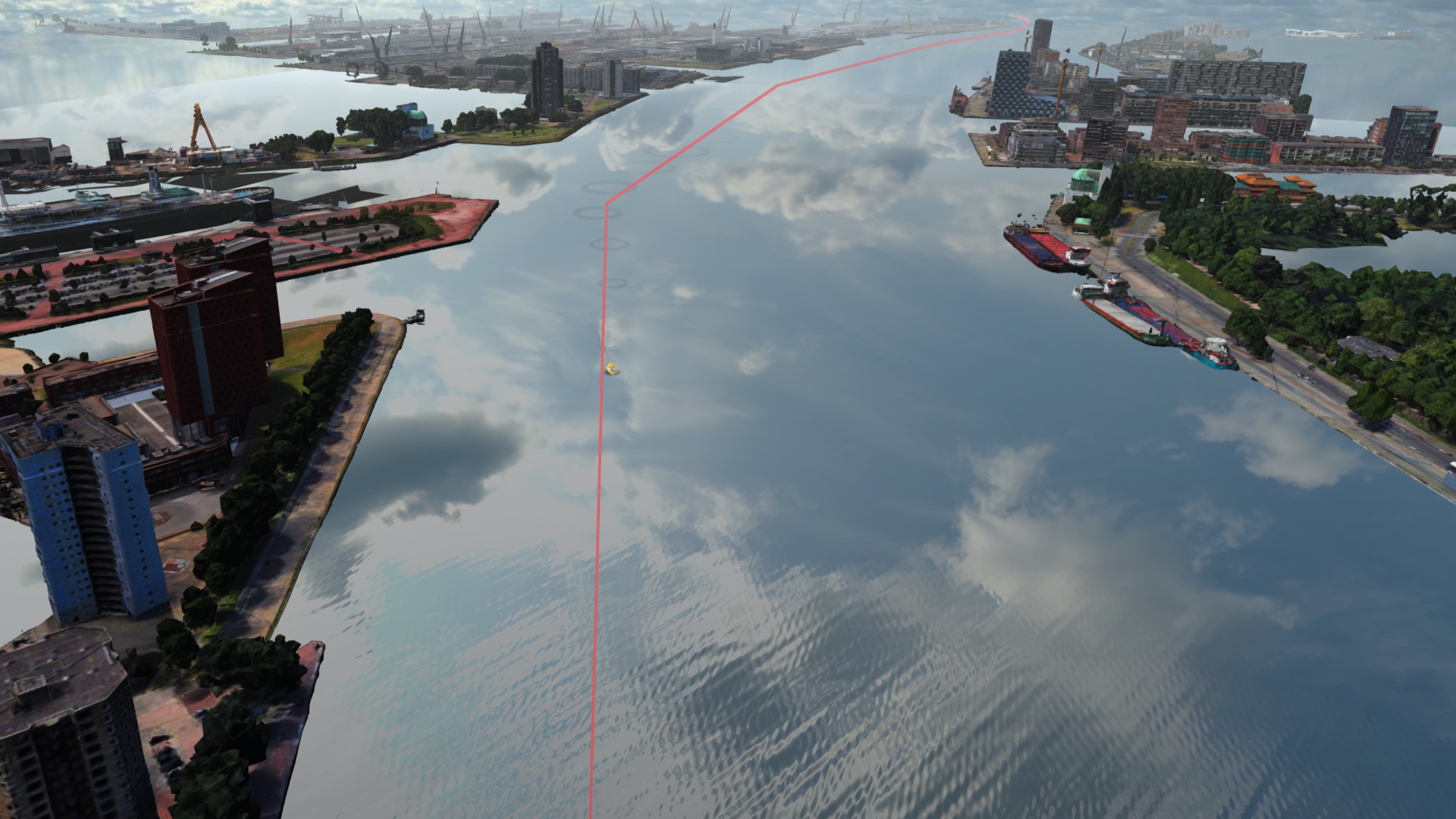 Screenshot of the Flying Fish Hydrofoil Flight Simulator, showing the world scenery and a planned route for the simulated mission.