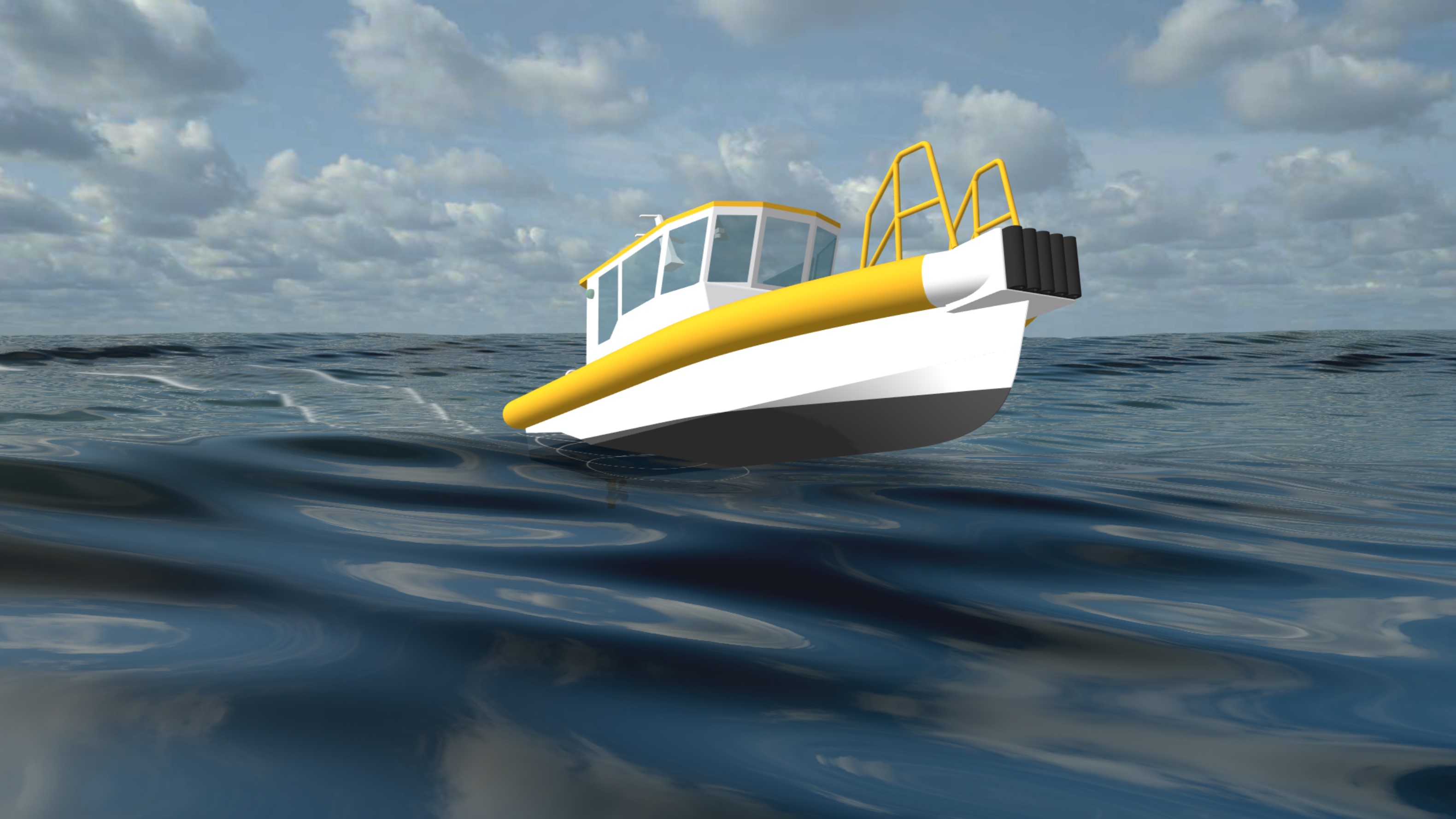 Screenshot of the Flying Fish Hydrofoil Flight Simulator, showing a boat on the waves, using a simulated wave spectrum.