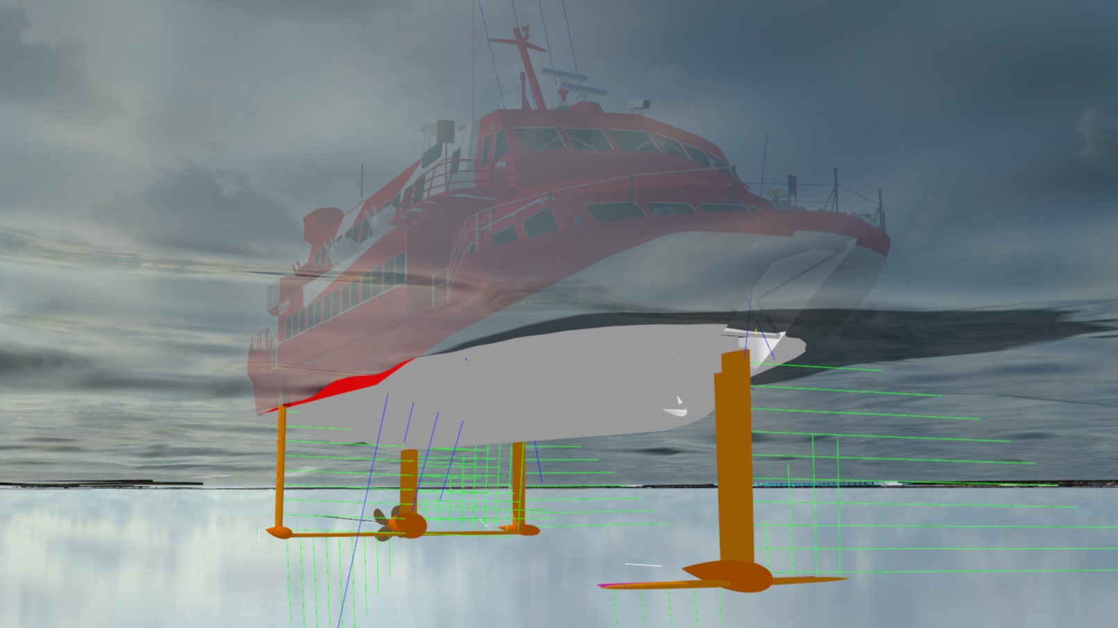 Screenshot of the Flying Fish Hydrofoil Flight Simulator, showing the control surfaces of a hydrofoil ship.