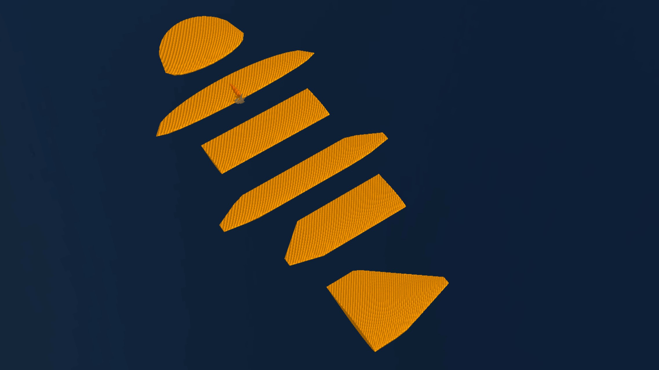 Screenshot showing multiple different possible wing shapes that can be used in the Flying Fish Hydrofoil Flight Simulator.
