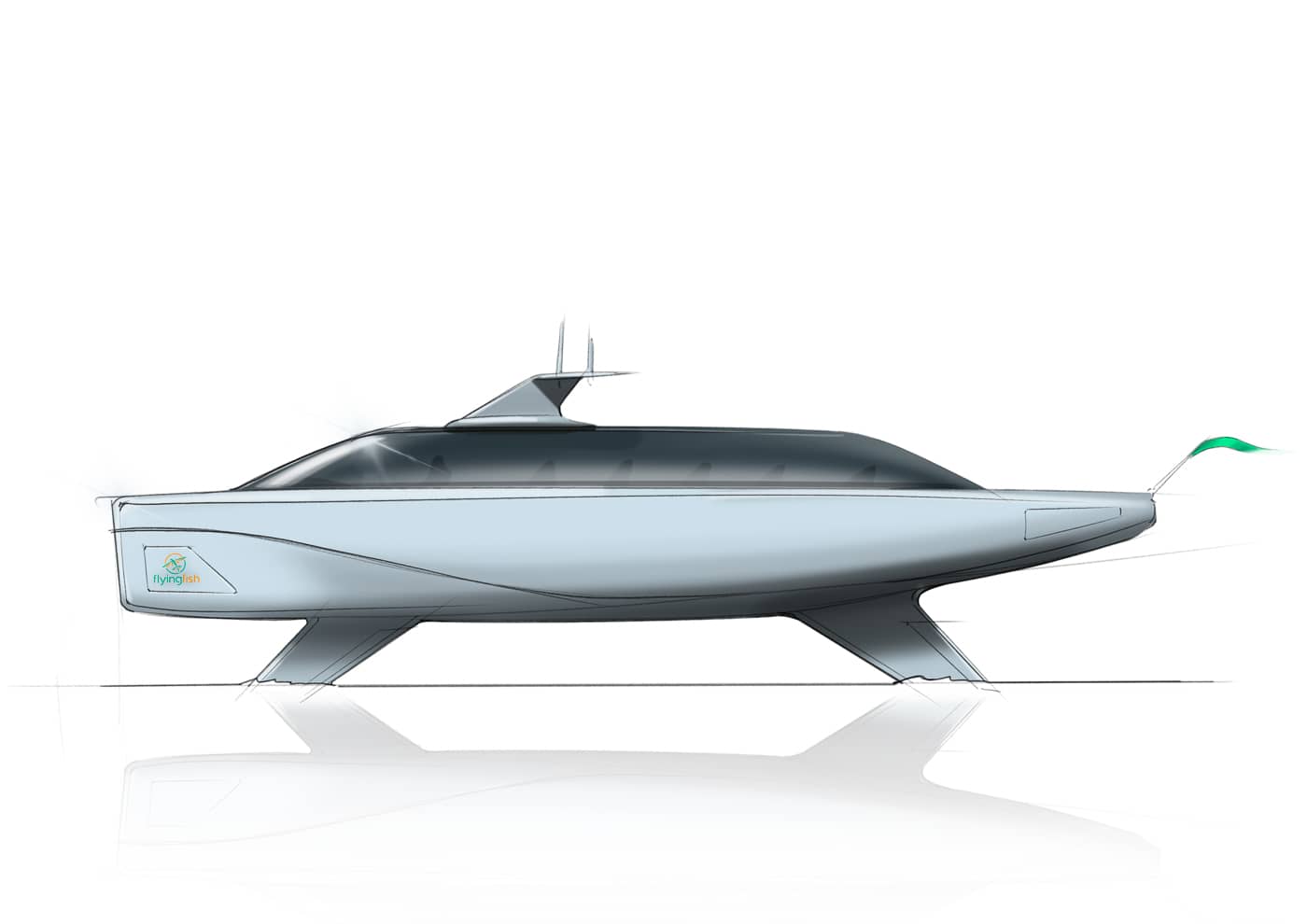 Render of a Flying Fish hydrofoil watertaxi boat.