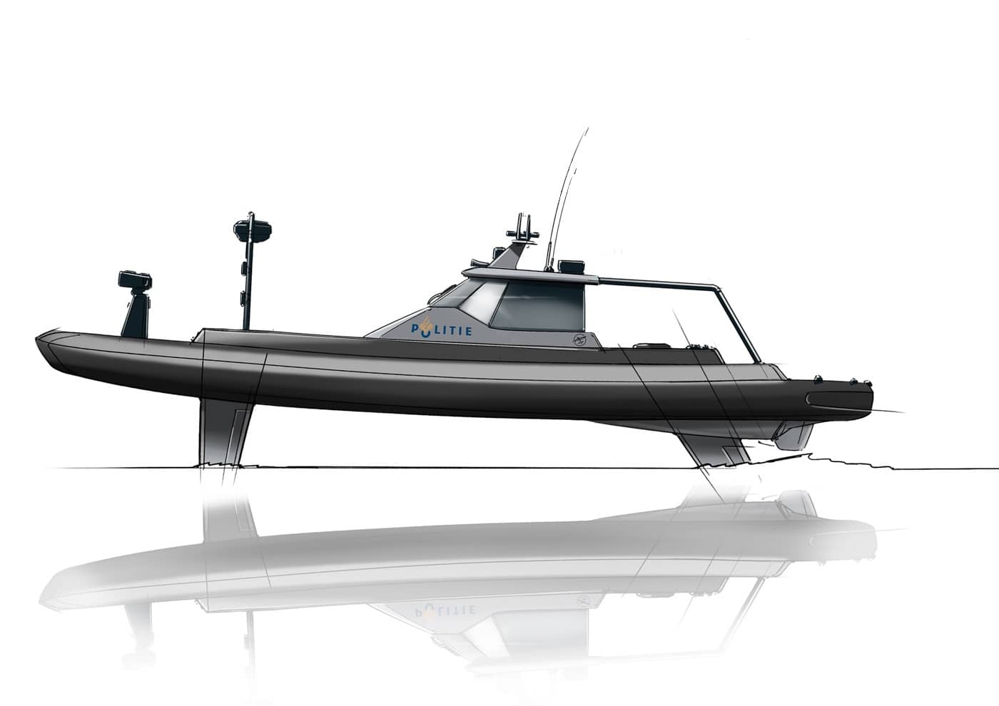 Render of a Flying Fish hydrofoil RHIB boat.