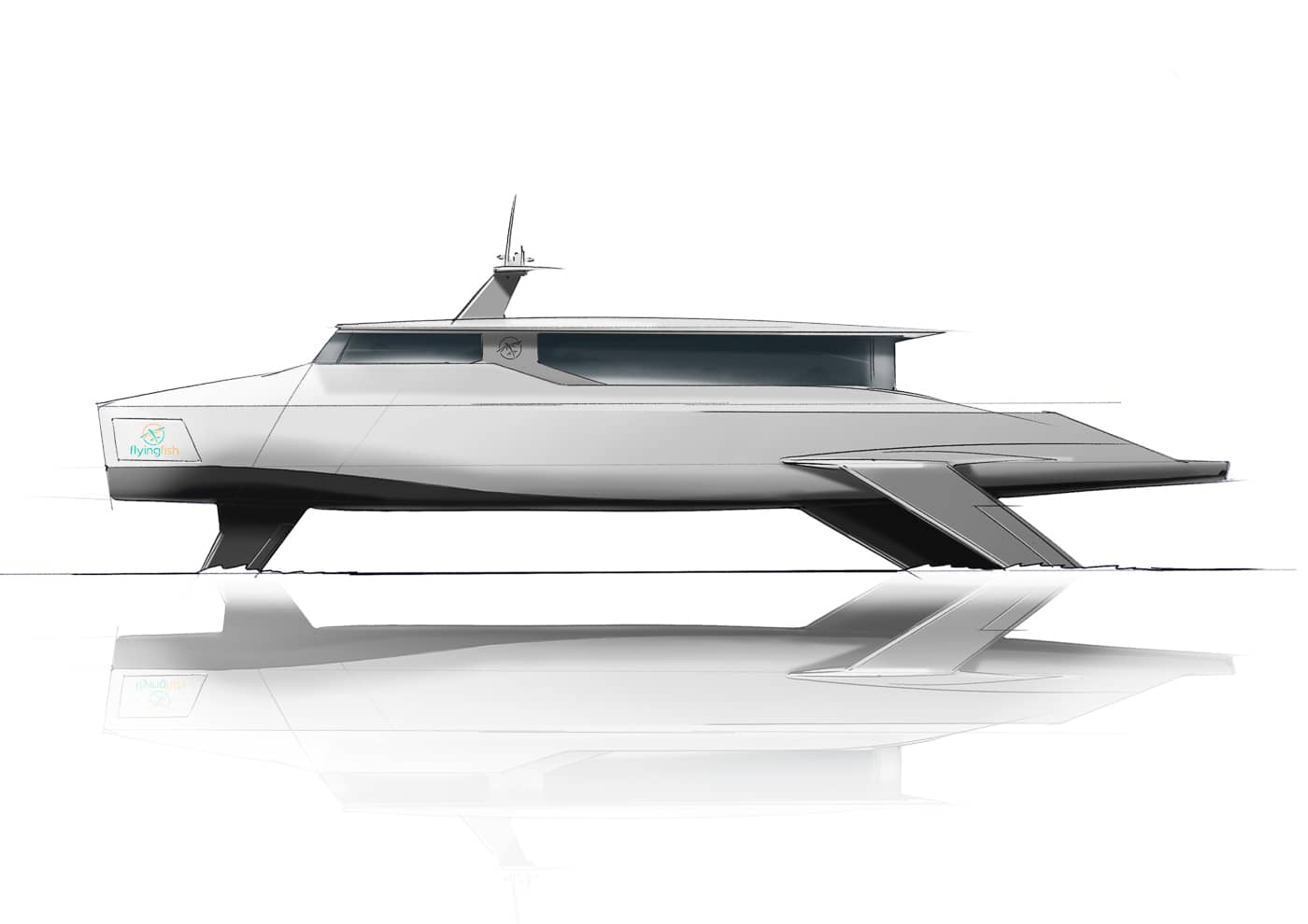 Render of a Flying Fish hydrofoil water bus.