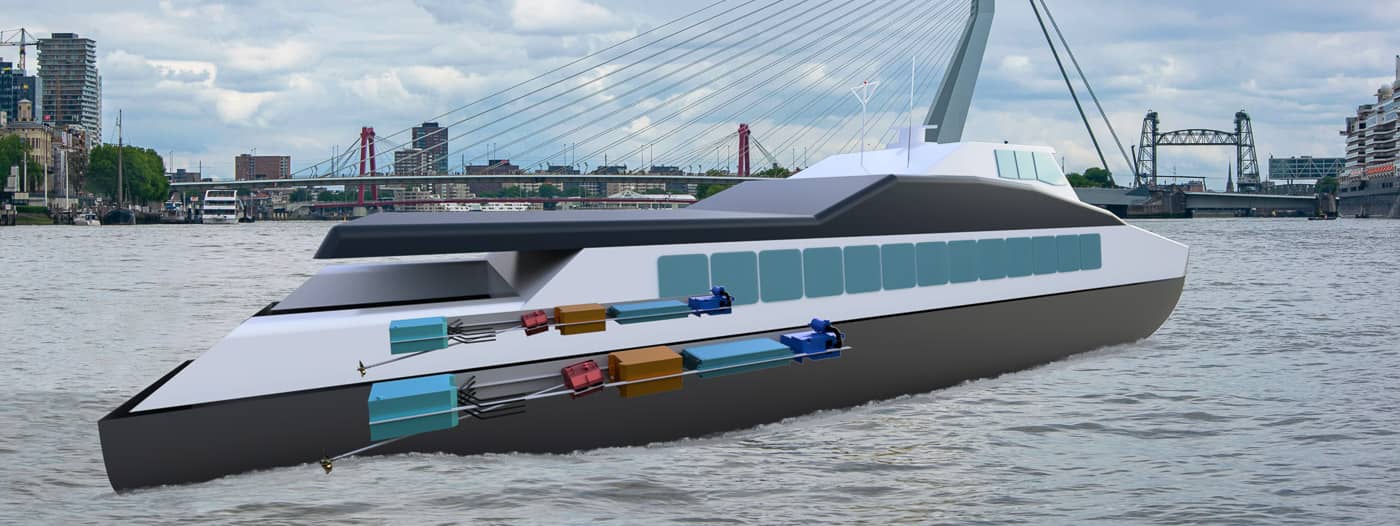 Render of a two-driveline catamaran with modular electric propulsion system.