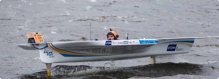 Hydrofoiling solar boat from the TU Delft team with the improved stability and control systems