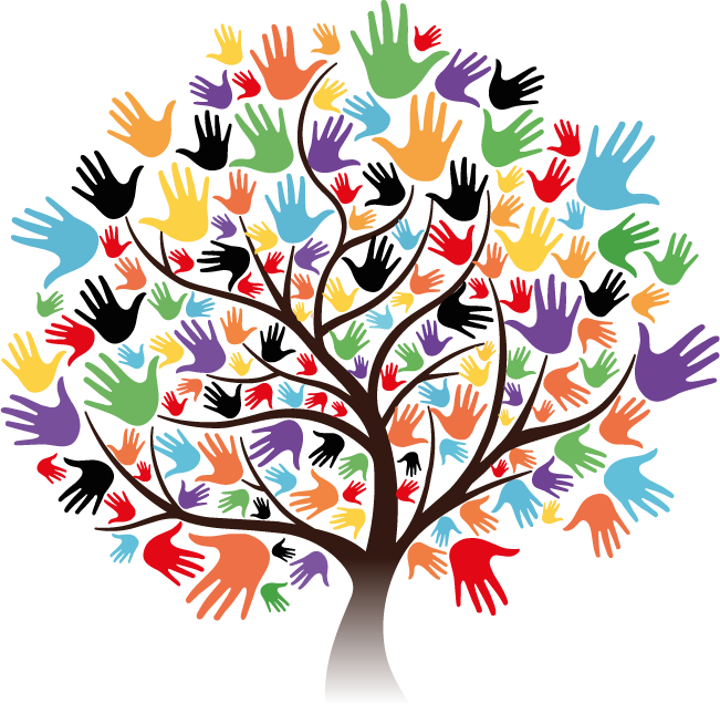 Arbre dont le feuillage est formé de mains multicolores