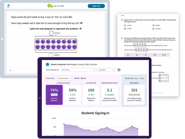 Teacher instructional support, reports, practice problems and materials