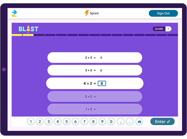Zearn Math digital multiplication game screen from Blast activity showing equations and number input interface on purple background.
