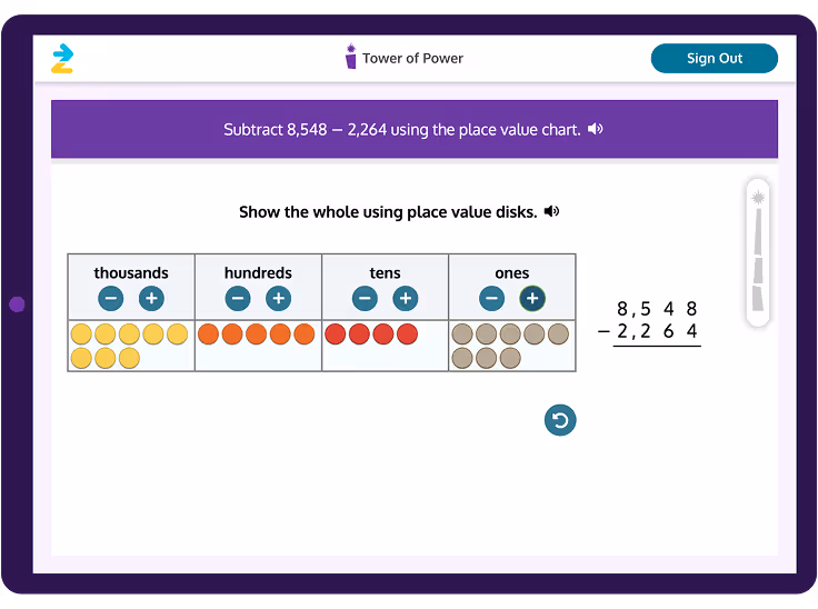 Zearn Math subtraction lesson screen from Tower of Power showing place value chart with thousands, hundreds, tens, and ones using colored disks to solve 8,548 minus 2,264.