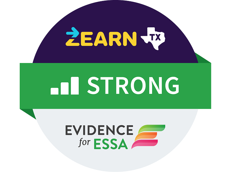 Zearn Math for Texas badge showing Strong Evidence for ESSA rating with Zearn TX and Evidence for ESSA logos.