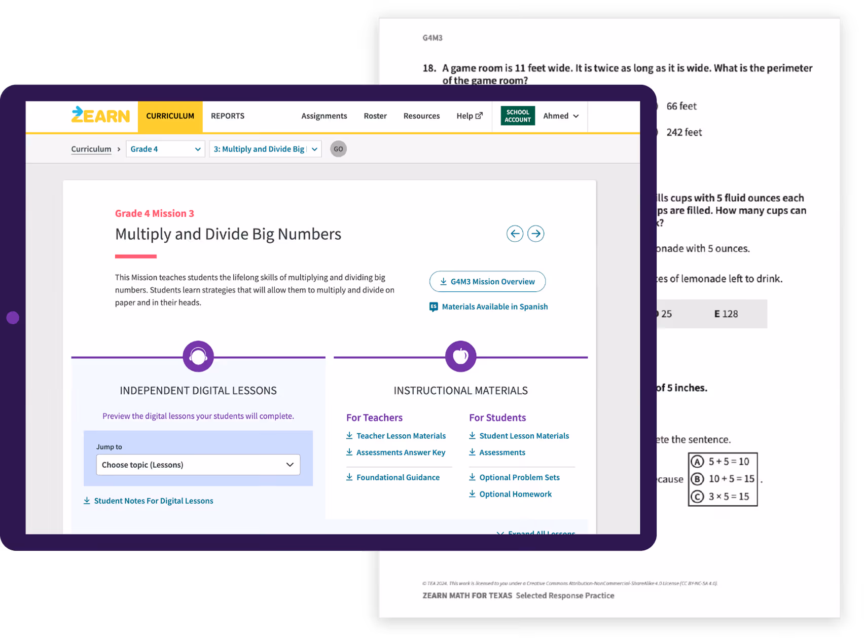 Zearn Grade 4 Mission 3 webpage showing Multiply and Divide Big Numbers curriculum with sections for independent digital lessons and instructional materials for teachers and students.