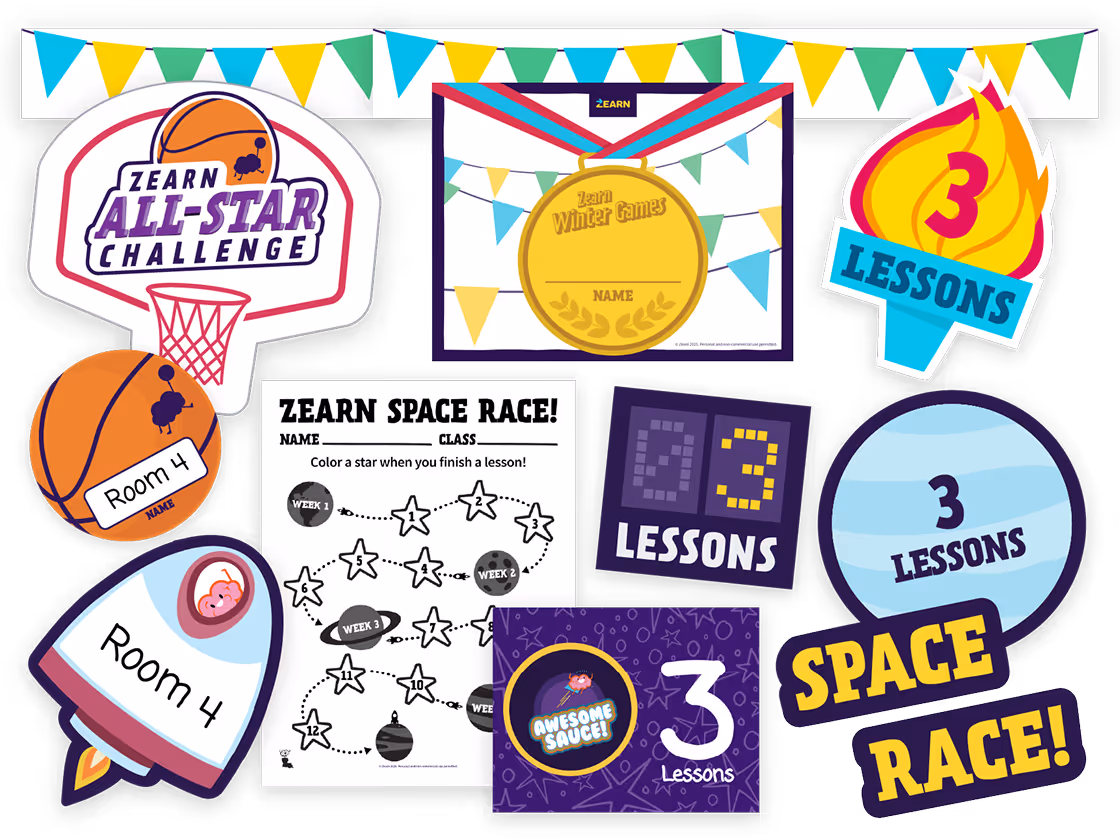 Collection of colorful space and sports-themed stickers and a progress chart, featuring basketballs, rockets, medals, and phrases like 'Zearn All-Star Challenge,' '3 Lessons,' and 'Zearn Space Race!'