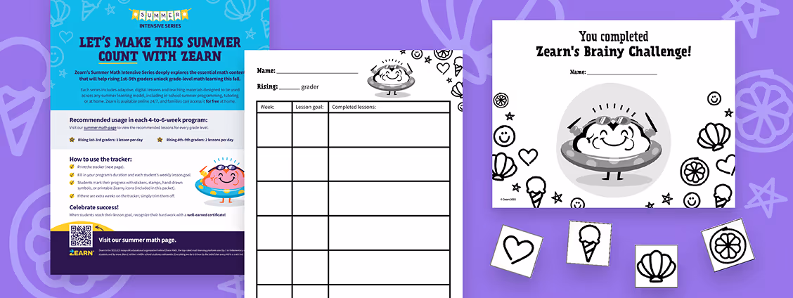 Zearn Summer Intensive Series packet including a blue math challenge tracker sheet, a certificate page titled 'You completed Zearn's Brainy Challenge!' with an illustrated brain character, and four small stickers with summer-themed shapes.