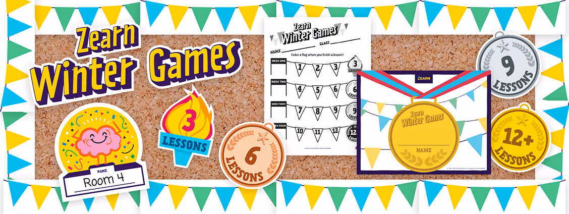 Decorative bulletin board with Zearn Winter Games theme showing banners, medals labeled 3, 6, 9, and 12+ lessons, and a worksheet for tracking lesson completion.