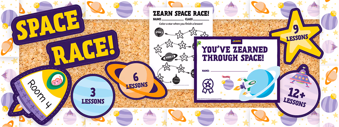 Space Race bulletin board featuring a rocket labeled 'Room 4', planets showing lesson counts of 3, 6, 9, and 12+, a lesson tracker sheet, and a certificate titled 'You've Zearned Through Space!'