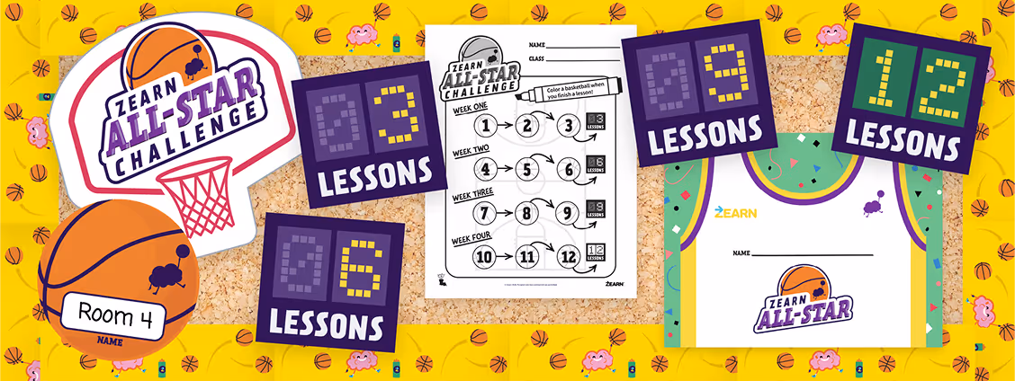 Colorful Zearn All-Star Challenge kit with basketball-themed lesson cards showing 3, 6, 9, and 12 lessons, a basketball hoop logo, and a chart with lesson numbering across four weeks.
