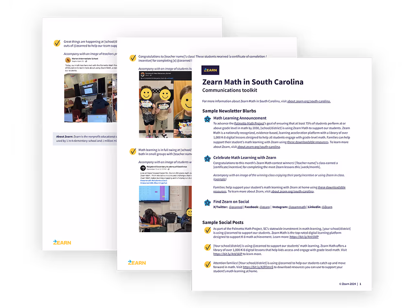 Printed communications toolkit pages for Zearn Math in South Carolina with sample newsletter blurbs and social posts.