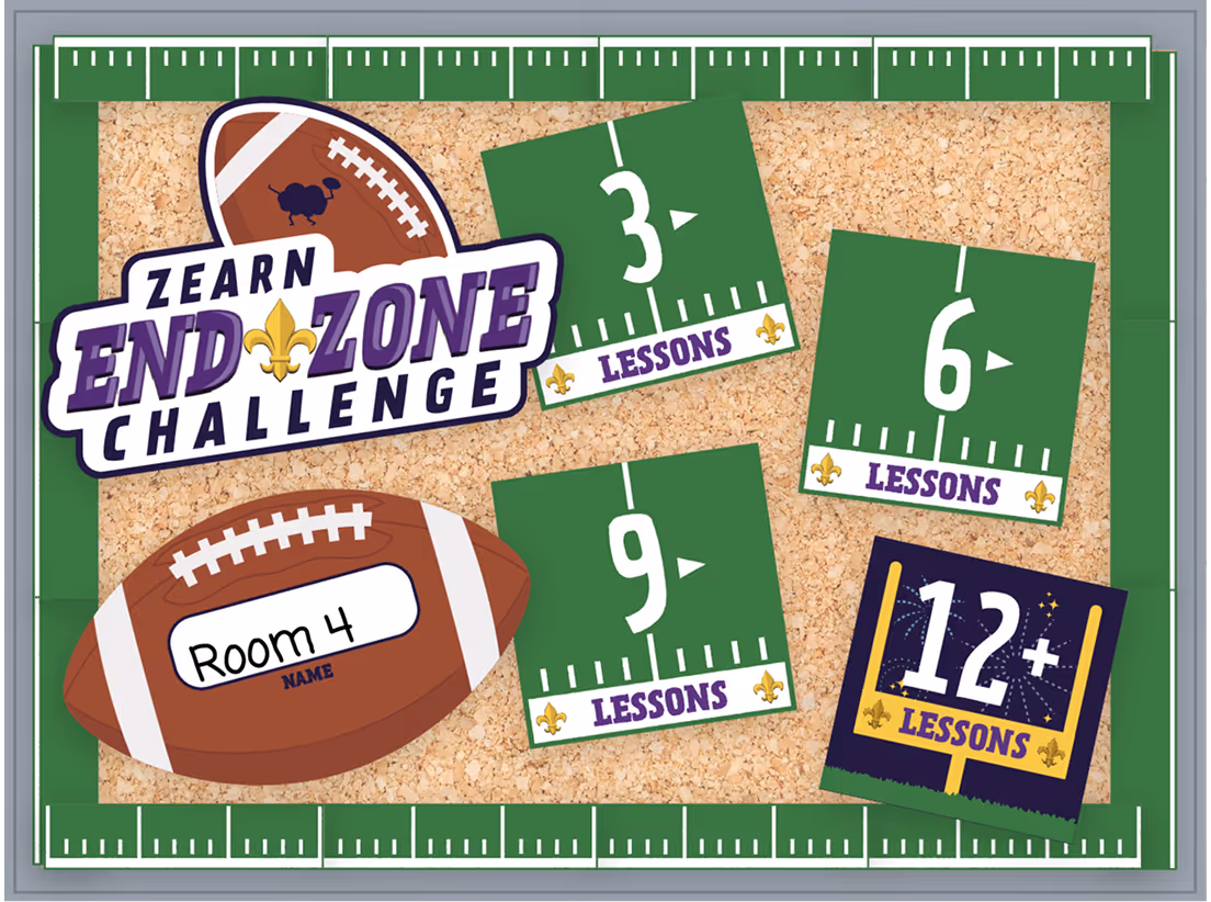 Football-themed bulletin board with Zearn End Zone Challenge and lesson cards for 3, 6, 9, and 12+ lessons.