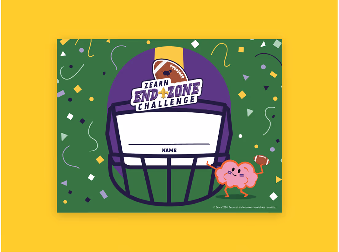 Zearn End Zone Challenge card with football helmet and cartoon brain holding a football on green background.