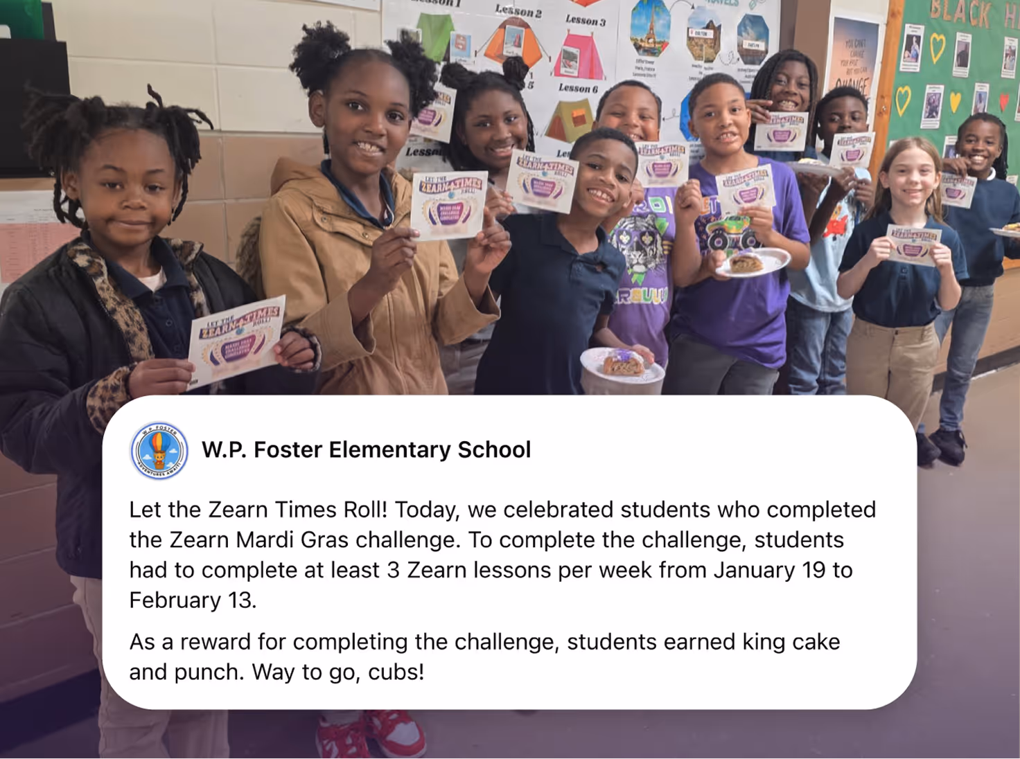Smiling students holding certificates and king cake slices celebrating completing Zearn Mardi Gras challenge.