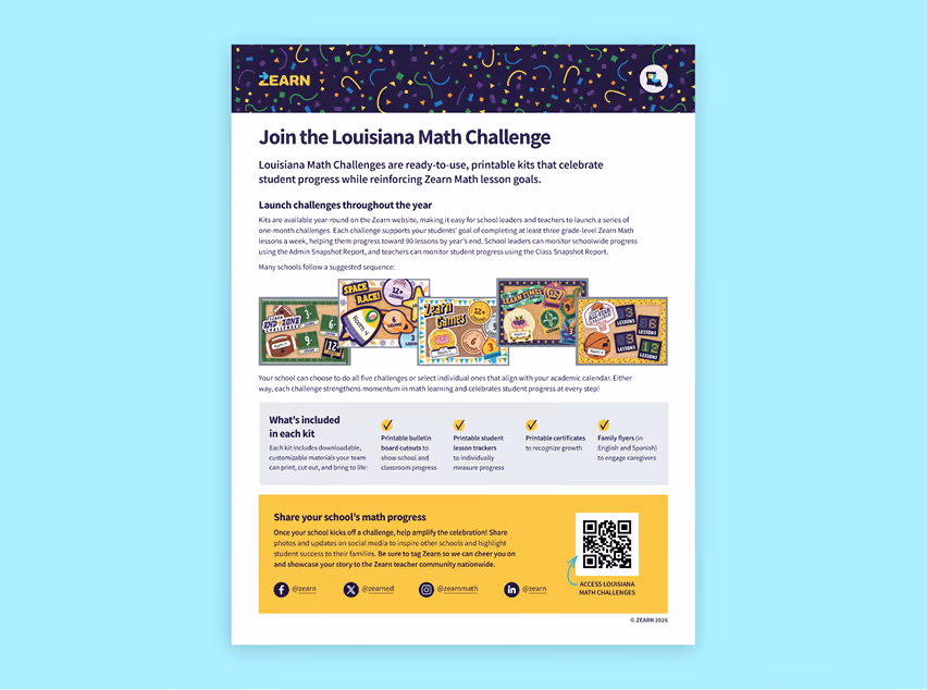 Flyer promoting Louisiana Math Challenge kits with printable materials, trackers, certificates, and social sharing info.