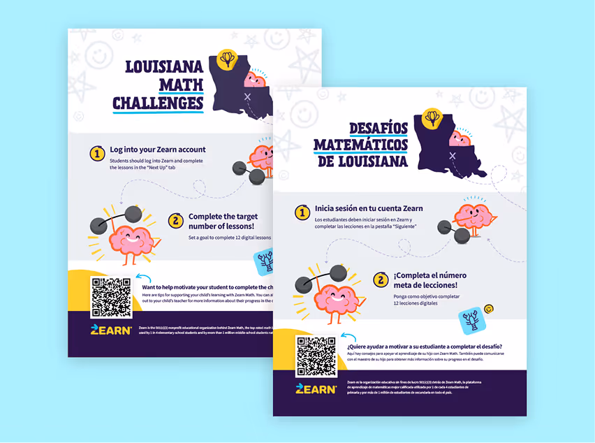 Two flyers showing Louisiana Math Challenges steps with a cartoon brain lifting weights and a QR code.