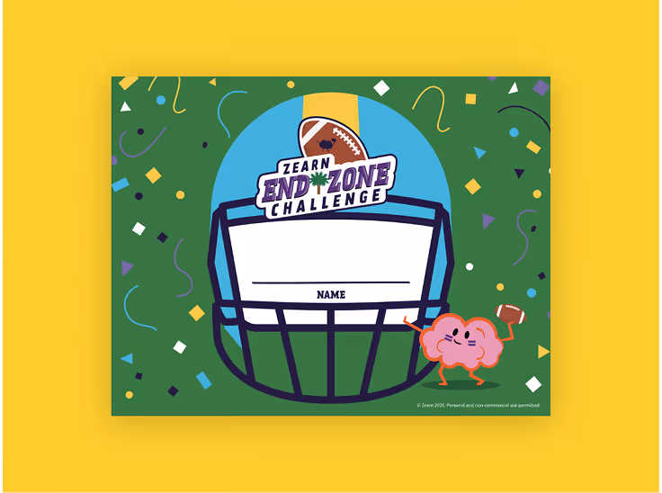 Football helmet with Zearn End Zone Challenge logo and space labeled NAME on a confetti background