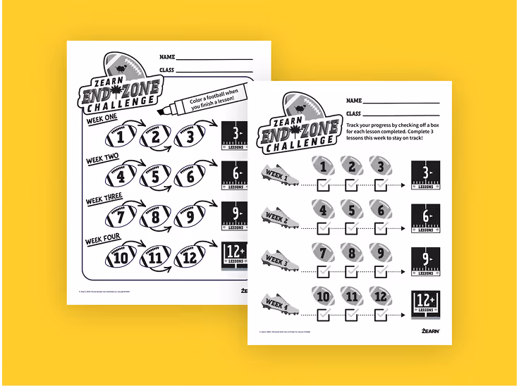 Two Zearn End Zone Challenge sheets with numbered footballs and checkboxes for tracking lesson progress.