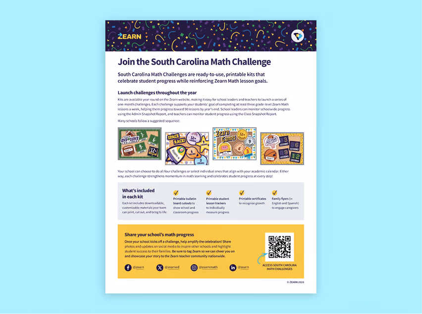 Flyer about South Carolina Math Challenge with details on printable kits, progress tracking, and social media sharing.