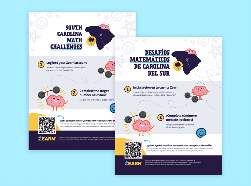 Side-by-side English and Spanish flyers for South Carolina Math Challenges with brain and weights cartoon.