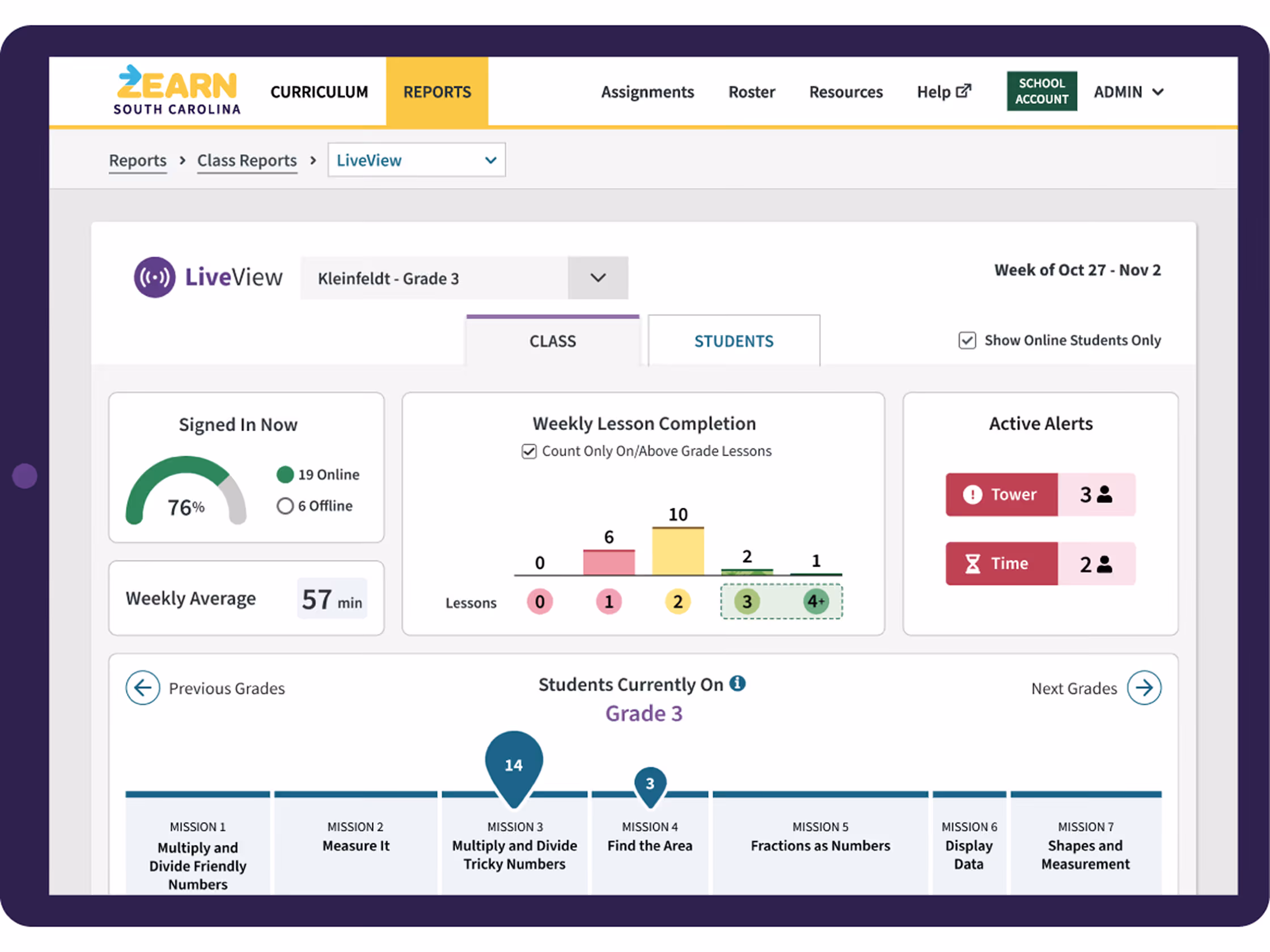 Zearn dashboard showing Grade 3 live class report with lesson completion, active alerts, and students on missions.