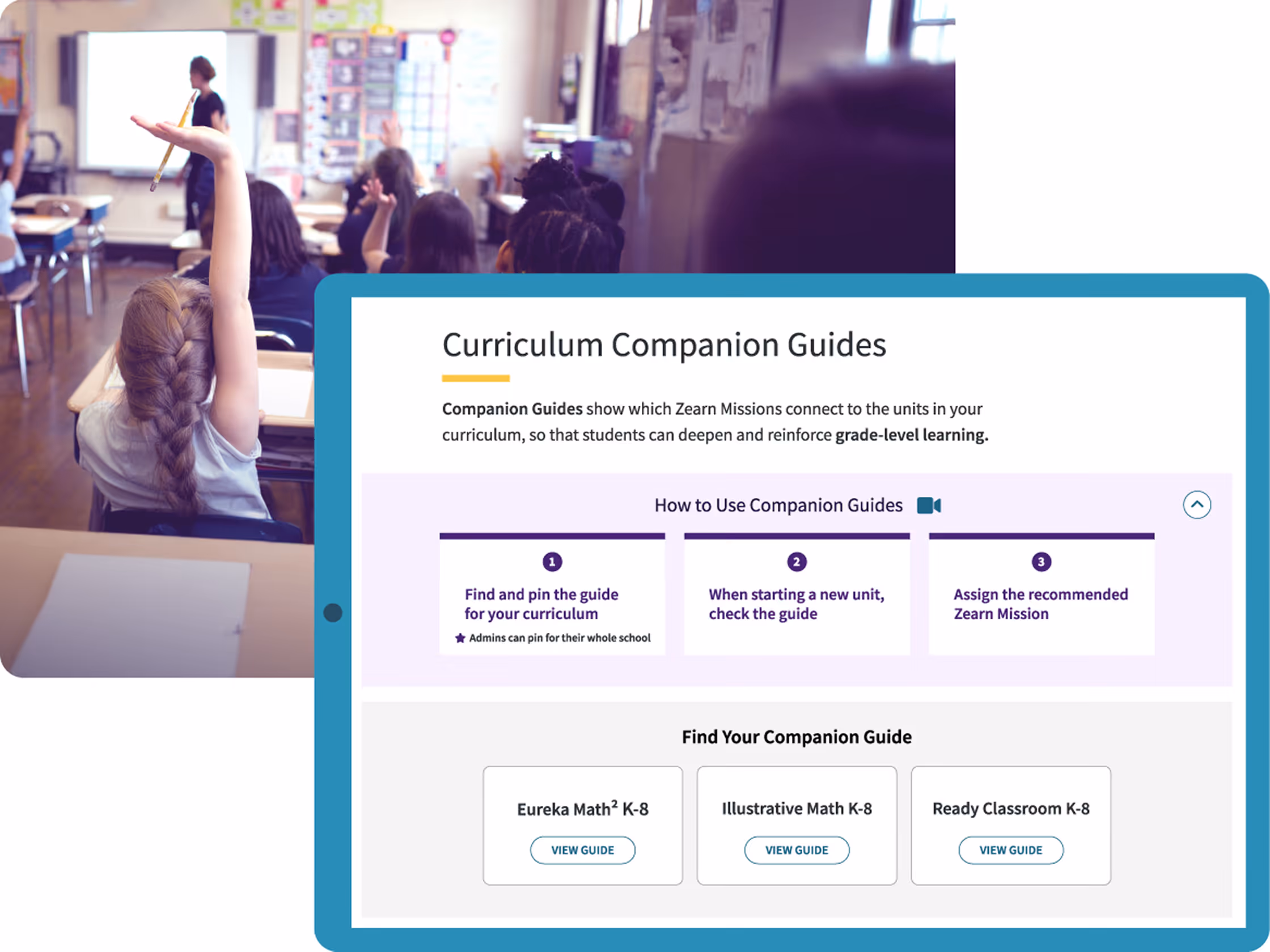 Tablet showing Curriculum Companion Guides with steps to find guides and assign Zearn Missions in classroom.