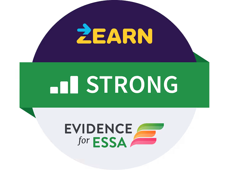 Badge with Zearn logo, green ribbon reading Strong, and Evidence for ESSA text with colorful icon.