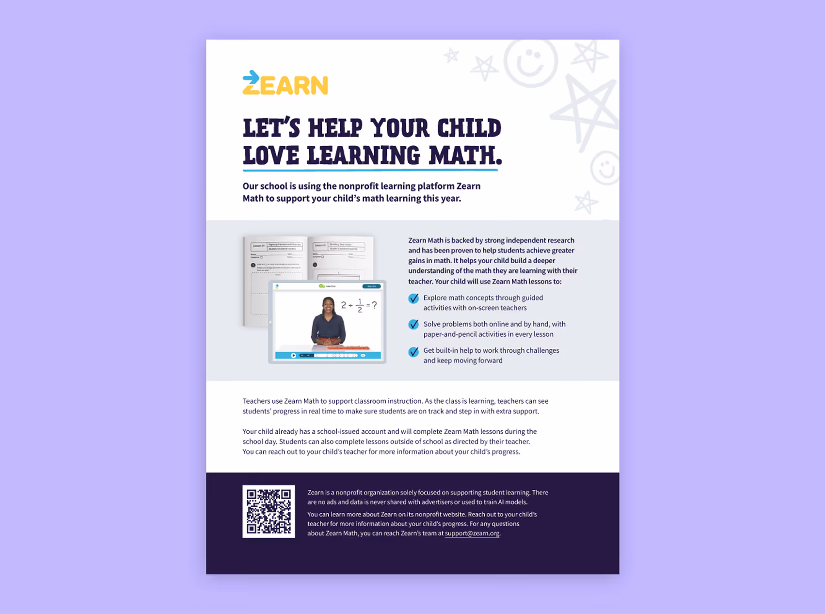 Zearn flyer explaining Zearn Math helps kids learn math with guided activities, problem solving, and challenges.