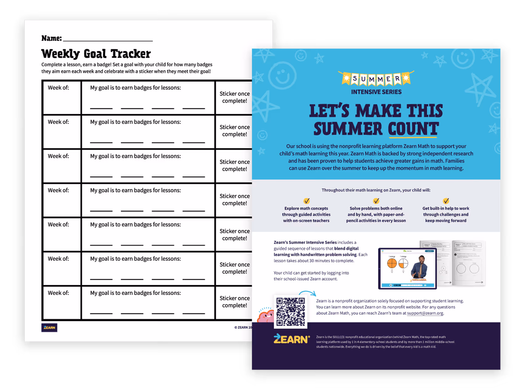Weekly Goal Tracker chart for earning badges and Zearn Summer Intensive info about math learning support.