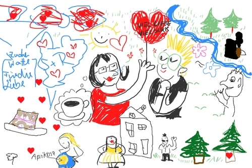 Gemaltes buntes Bild mit Liebesbotschaften mit roten Herzen, Pärchen, Bäumen, Fluss und Haus.