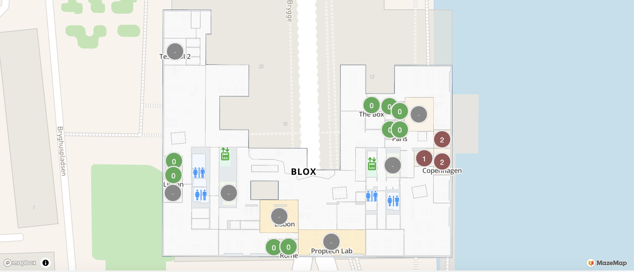 MazeMap floor plan of BLOX Copenhagen showing real-time occupancy status per room
