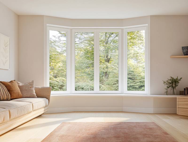 Cozy room with bay window and outdoor view.