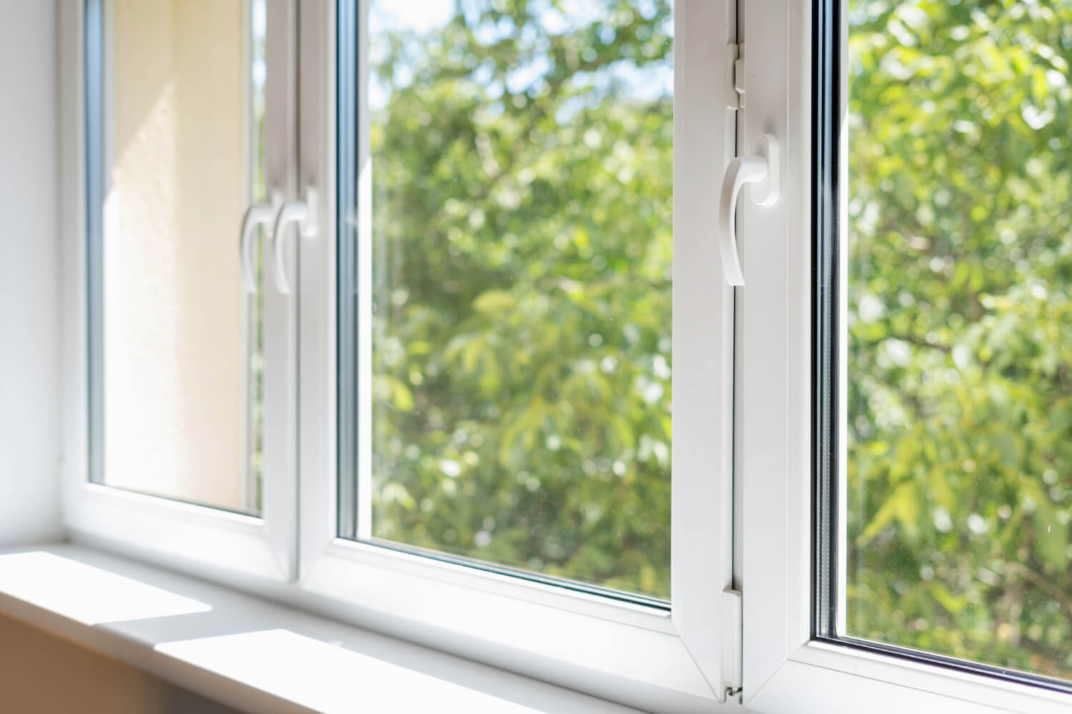 White-framed windows with green foliage outside.