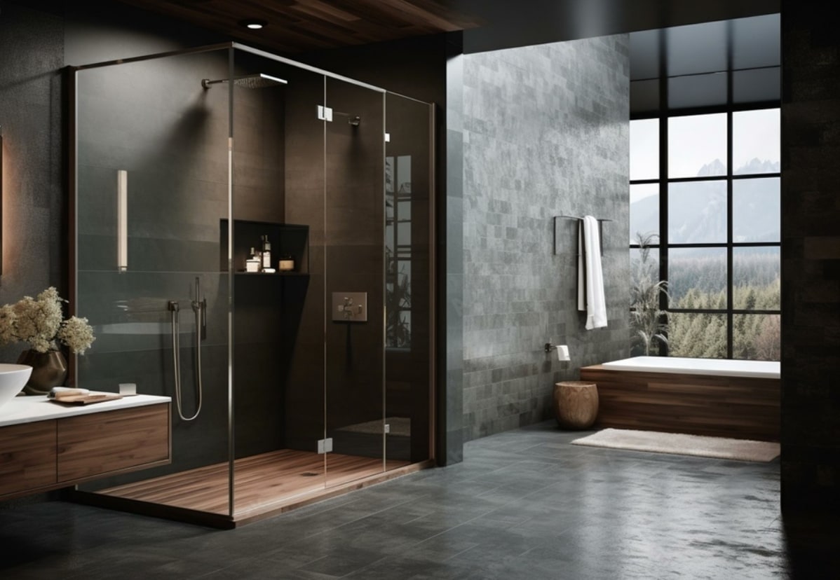 Modern bathroom with glass shower, wooden accents, and large window.