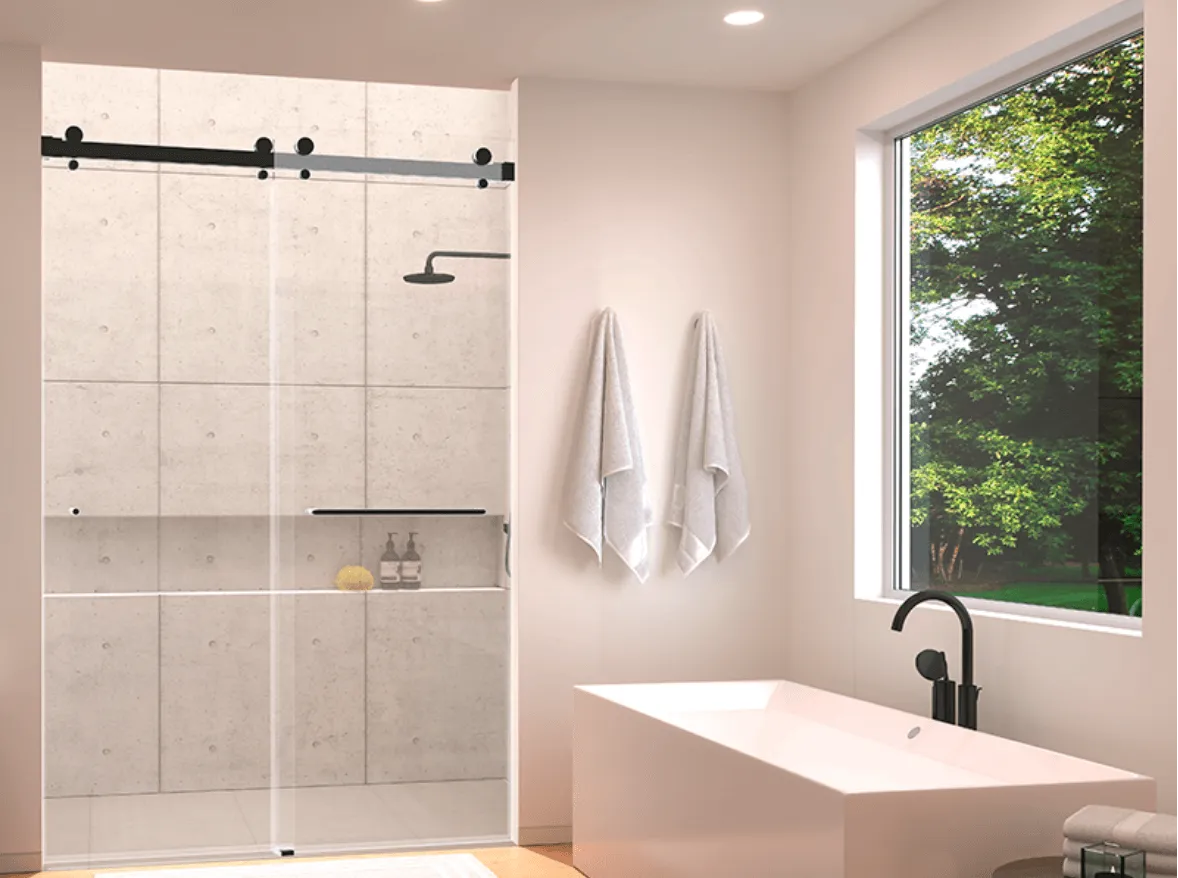 Minimalist bathroom with large window.