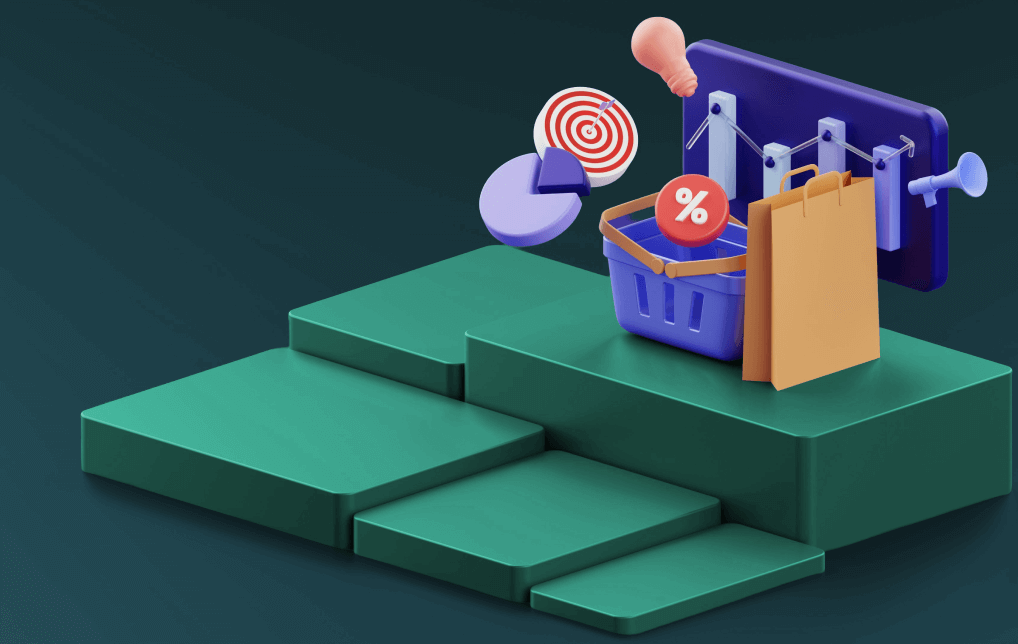 3D illustration of a marketing funnel concept showing shopping cart, paper bag, target, percentage symbol, and analytics icons on green platform steps.