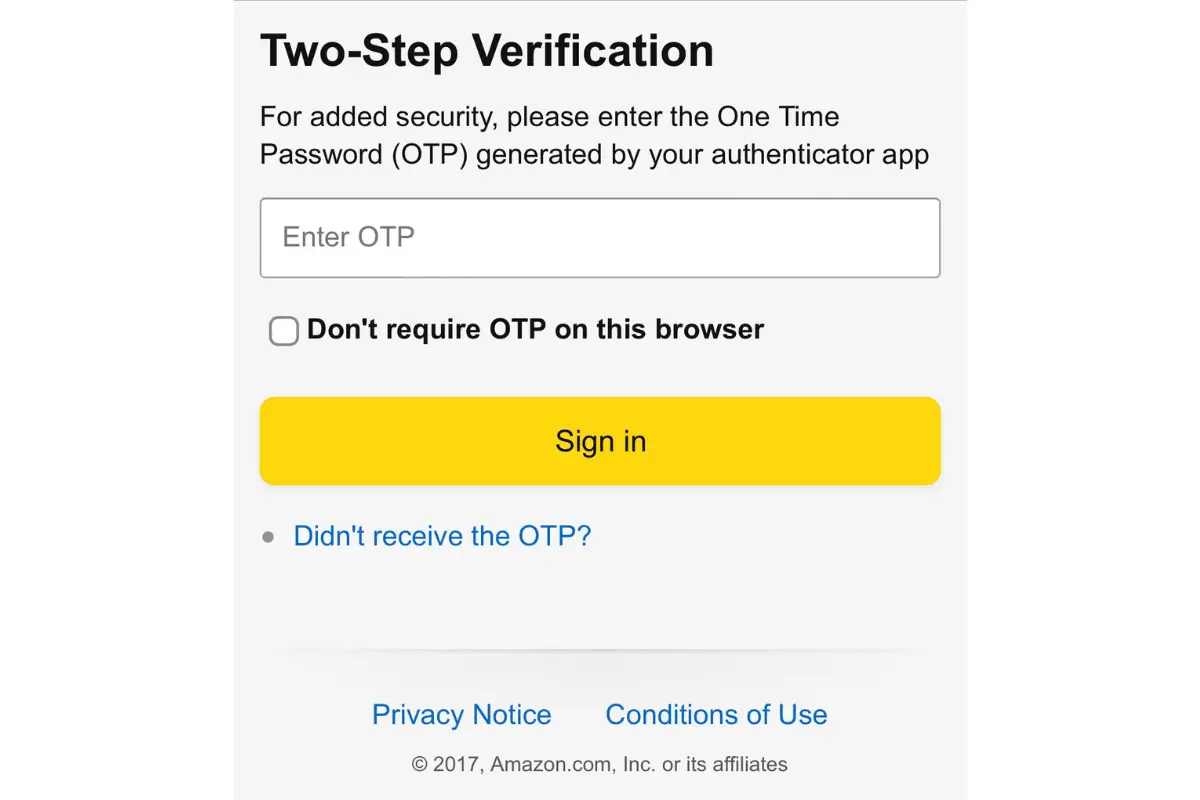 The two-step verification page on amazon.