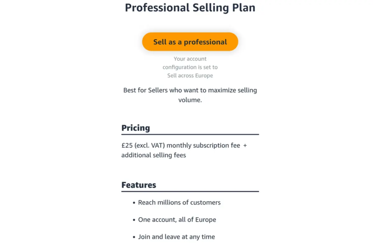 A screen shot of the professional selling plan.