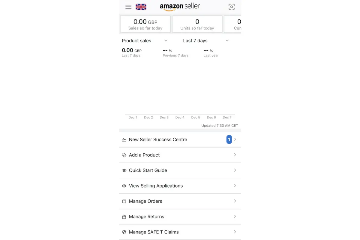 Amazon Seller app dashboard showing product sales chart