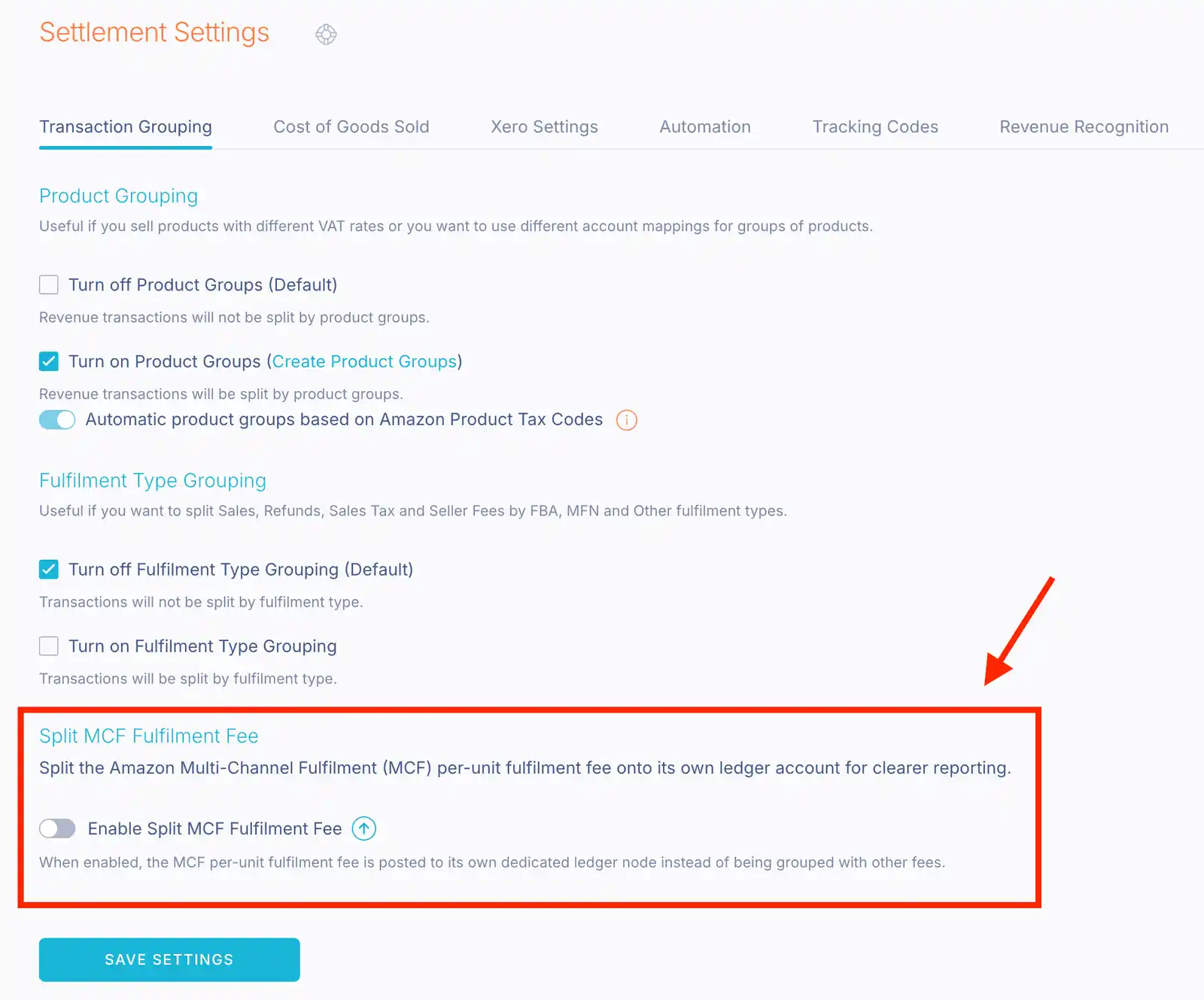 Split MCF Fulfilment Fee toggle in Link My Books Settlement Settings
