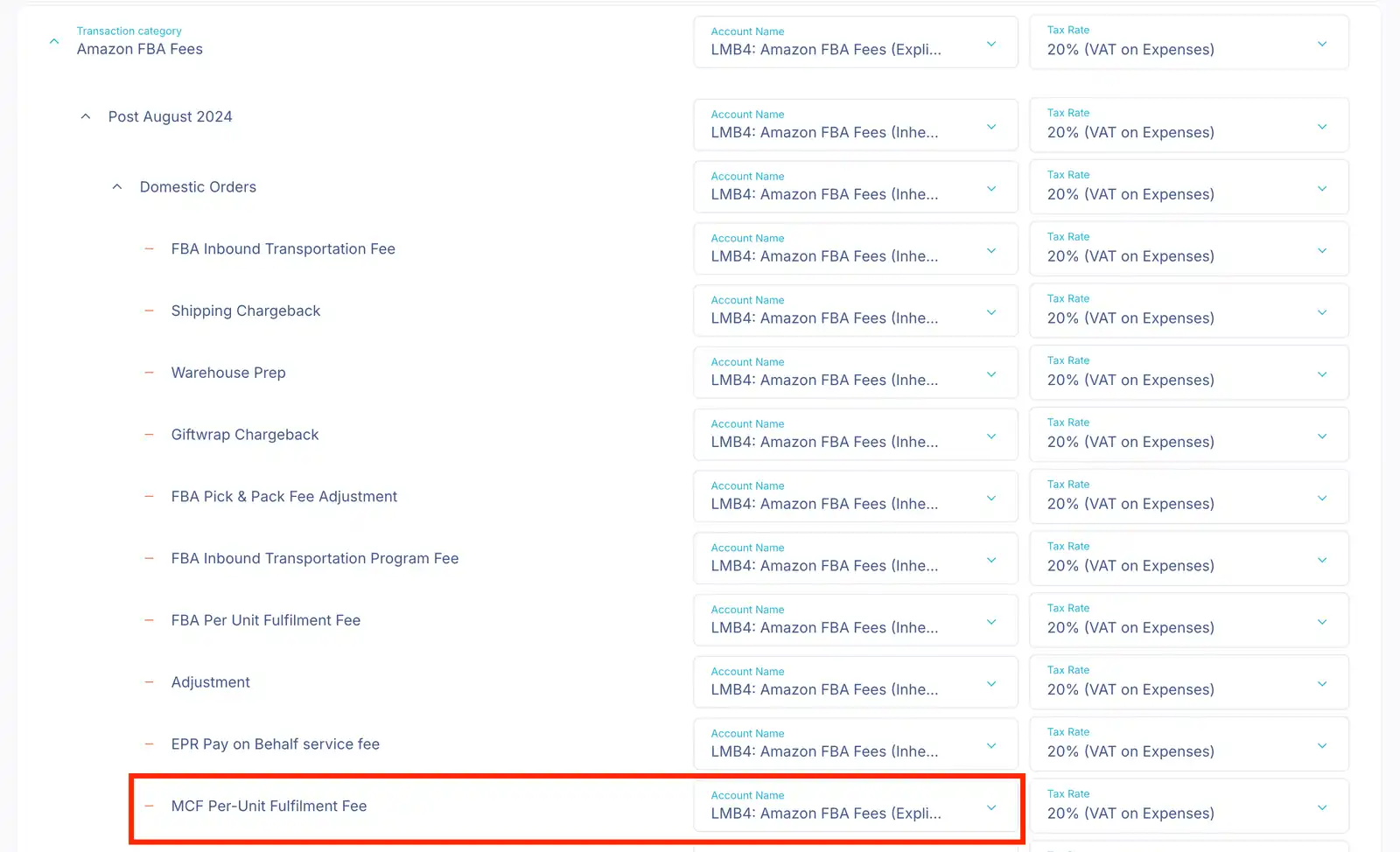 Mapping Amazon FBA Fees - MCF Per-Unit Fulfilment Fee to its own account