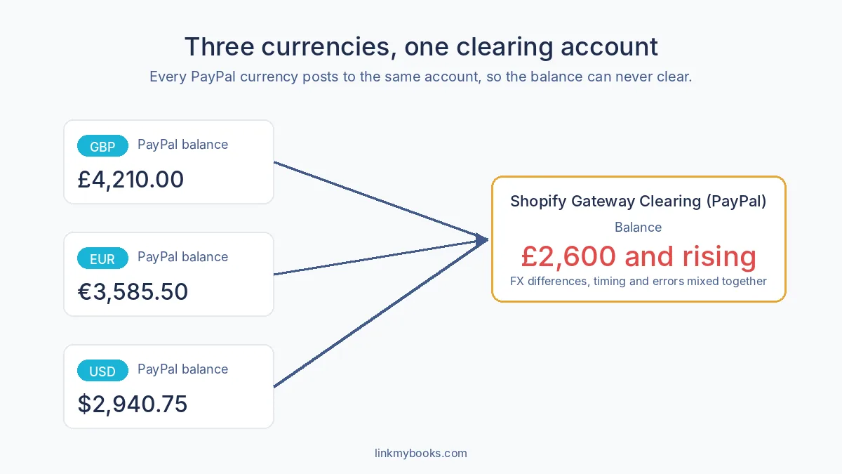 Three PayPal currency balances posting into one clearing account that never clears